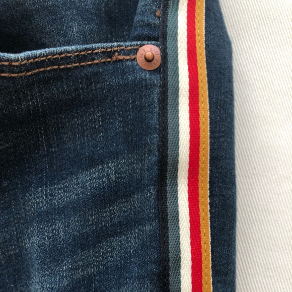 Dark Wash Skinny Jeans with Rainbow Detailing and Distressed Bottoms - Picture 2 of 4
